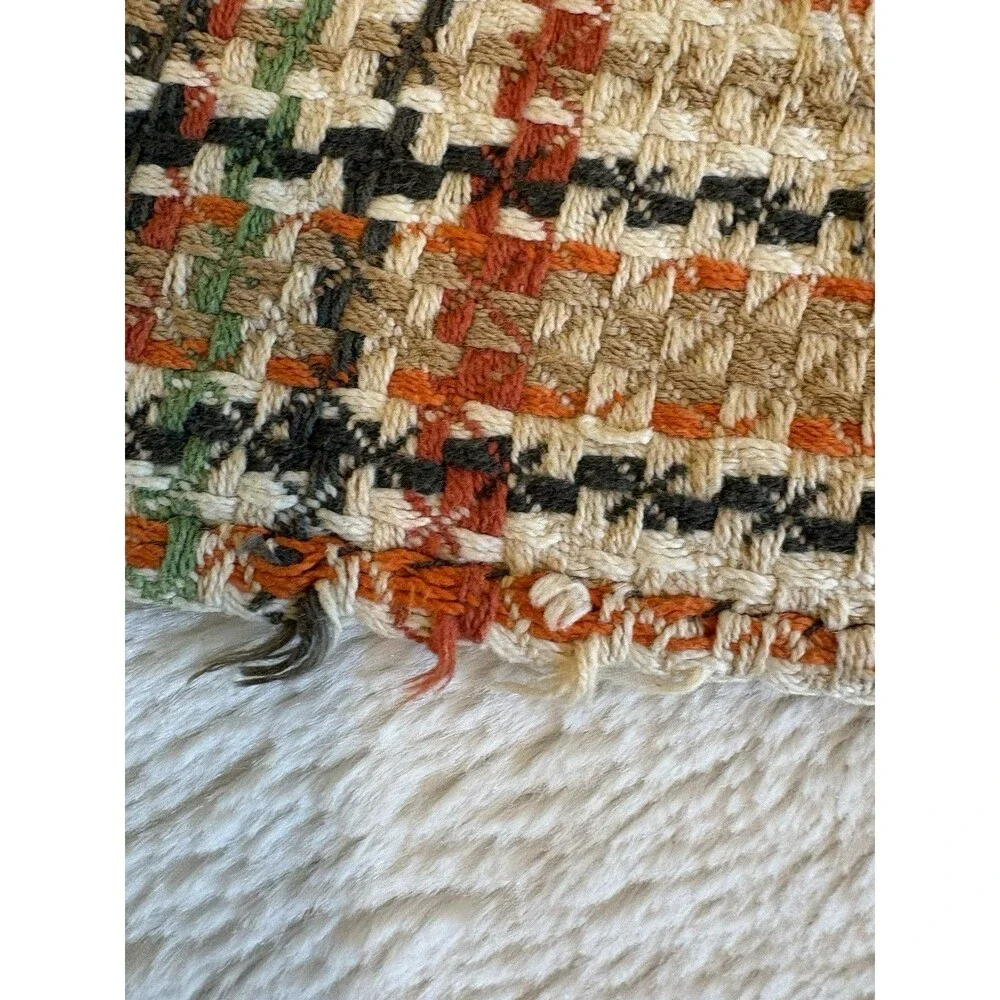 Vintage Woven Remnants Fabric Orange Yellow Green Brown Plaid MCM 2 Pieces